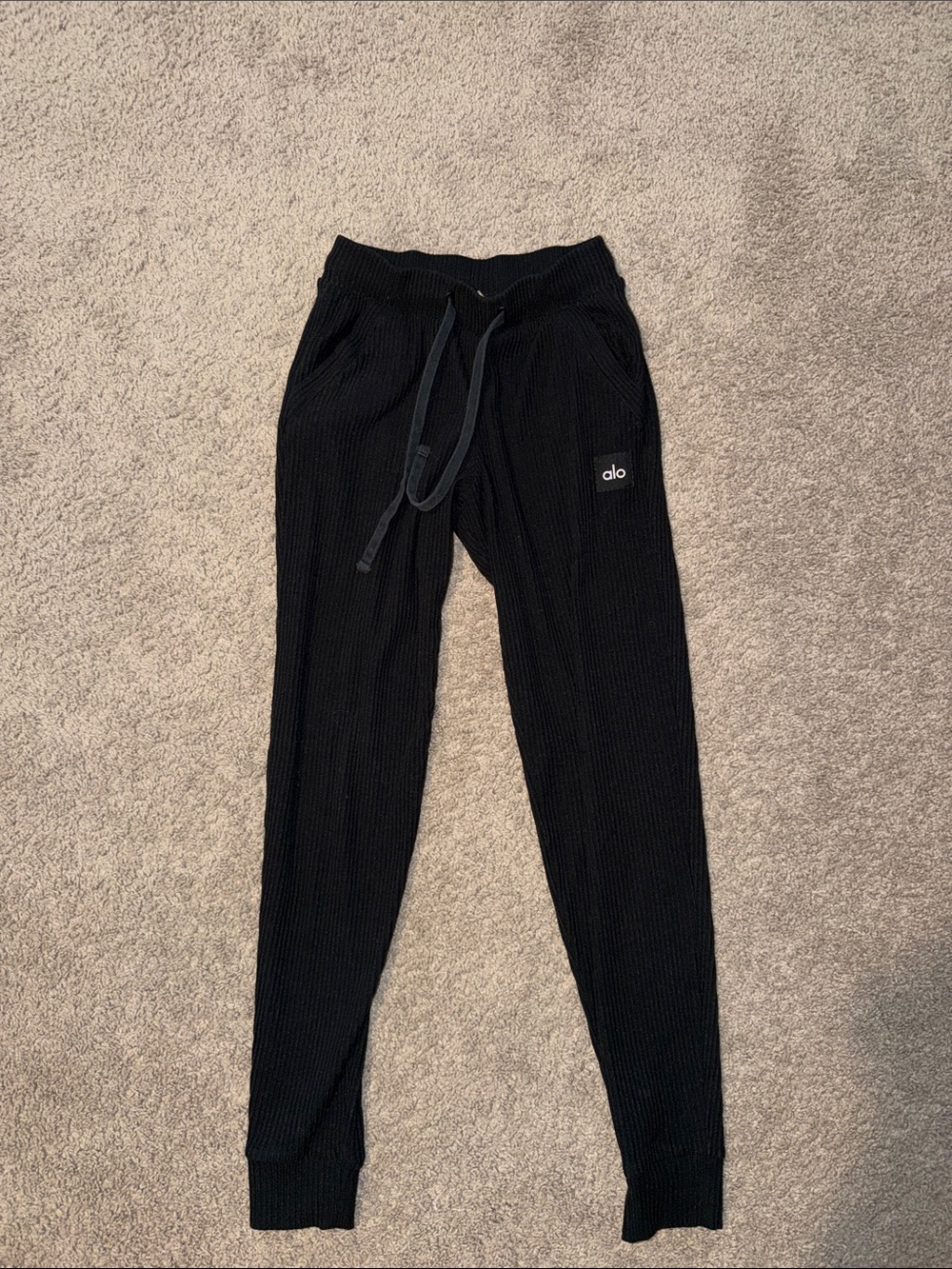 ALO Yoga Black Ribbed Jogger Pants with Drawstring